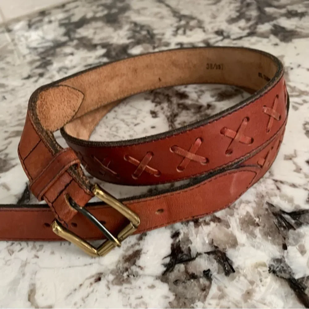 Oil Tanned Cowhide Belt - Decorative Repeated X Design - 38 Western Cowboy